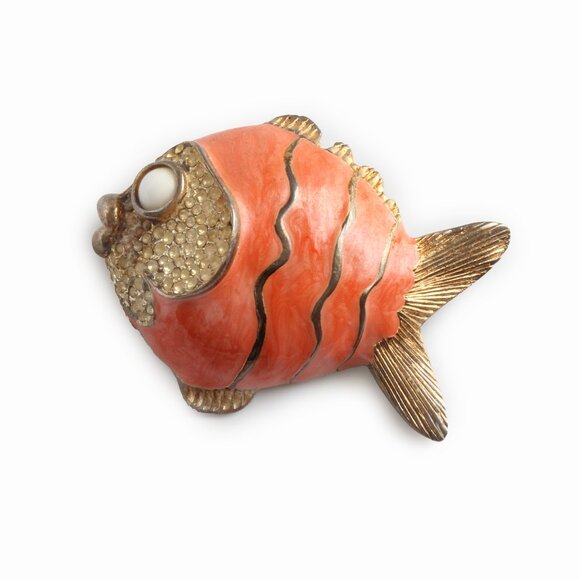 Vintage 50s Fish Brooch Pin Chunky Enamel Rhinestone Embellished Retro - Picture 1 of 8